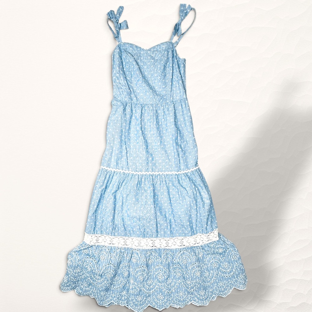 Shabby Chic Tiered Maxi Dress Womens 2 Blue Cottagecore Eyelet Lace Striped